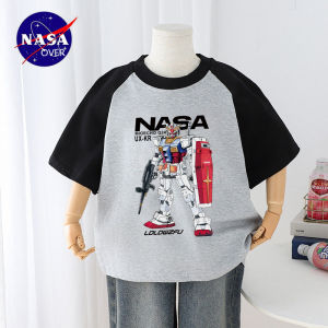 NASA over Logo Robot Print Short Sleeve T-Shirt for Boys Pure Cotton Patchwork Summer Trendy Streetwear Breathable Kids Clothes