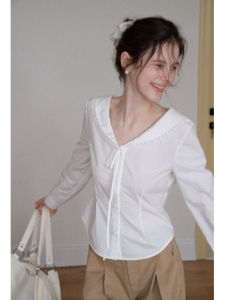 Áo Sơ Mi Dài Tay Cổ Chữ V Ren Màu Trắng Cho Nữ EGGKA Áo Khoác Cardigan Hở Thanh Lịch Đi Làm Áo Chui Đầu Không Tay