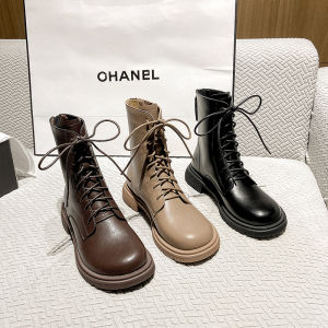 Womens Martin Boots Soft Bottom Brown Thick Heel Short Autumn Winter Genuine Leather Shoes British Style Cross Buckle Short Boots