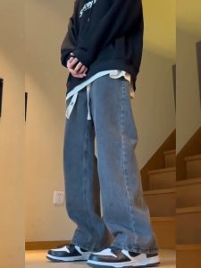 Faruline Store กางเกงยีนส์ขายาว ผู้ชาย เอวยางยืด เท่ๆสไตล์เกาหลี กางเกงยีนส์บาง