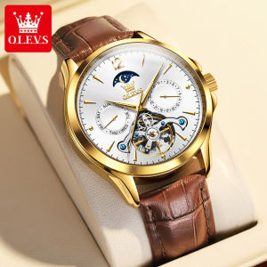 [Swiss Certification]OLEVS Watch For Men Original Waterproof Automatic 2022 Fashion Hollow Tourbillon Dial Design Imported Mechanical Movement Genuine Leather Strap Multifunctional Automatic Mechanical Mens Watch Pawnable