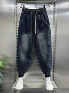Casual Loose Mens Jeans Spring Autumn Harlan Pants Trendy Brand Leisure Long Trousers Rivet Cuffed Drawstring Elastic Waist Dad Pants