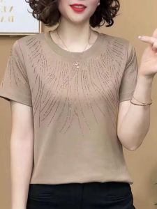 Fashionable Pure Cotton Short Sleeve Mom T-Shirt Loose Casual Style Diamond Embellished Slimming Top for Middle-Aged Women