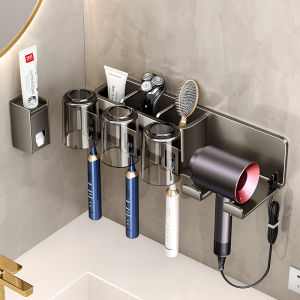Grey Wall-Mounted Toothbrush Holder Bathroom Electric Toothbrush Stand Hairdryer Bracket Sink Cup Storage Shelf Luxury Style