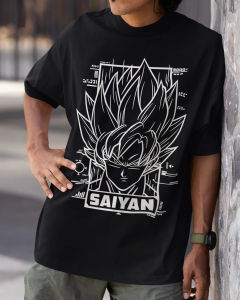 Mens Black T-Shirt with Super Saiyan Goku Line Art and Futuristic Tech Pattern Dragon Ball Z Graphic Tee with SAIYAN Text