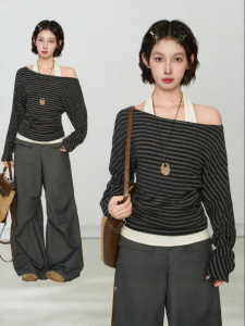 BAIDAIFEI | Striped Off-the-Shoulder Faux Two-Piece Long Sleeve T-Shirt