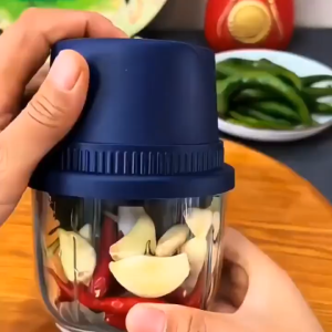 Máy xay tỏi ớt cầm tay sạc tích điện cối thủy tinh 250ml công xuất mạnh dao 3 lưỡi -Phiên bản mới nhất