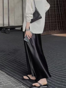 Black Satin High Waist Split Skirt Womens Early Autumn New Style Glossy Slimming Simple Match Long Skirt Commute Korean Style