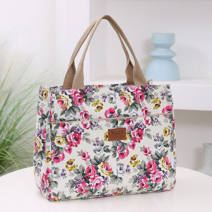 Fashion Floral Print Tote Bag Portable Canvas Lunch Bag Womens Casual Handbag & Bento Mommy Bag For Picnic Travel