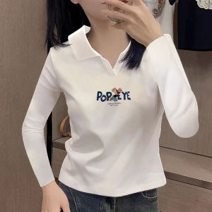 LINGLONGDAI | Cotton Polo Neck Long Sleeve T-shirt For Women
