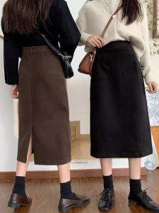 กระโปรงทรงเอเอวสูงผ้าขนสัตว์ฤดูใบไม้ร่วง/ฤดูหนาว กระโปรงทรงเอเอวสูงสำหรับผู้หญิง กระโปรงทรงเอทรงสลิมฟิต สไตล์ย้อนยุค ดีไซน์เปิดหน้าท้อง กระโปรงทรงเอยาวปานกลาง