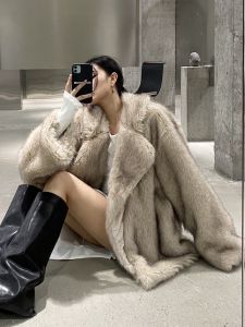 Eco-Friendly Fox Fur Coat Womens Loose Suit Collar Trendy Streetwear Slimming Autumn Winter Outerwear Fashionable Long Sleeve