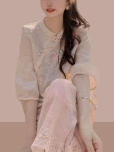 Shalldoer | Summer New Womens Traditional Style Sun Protection Shirt Collar Stand-Up Button-Side Long Pants Two-Piece Set Casual Lace Trim