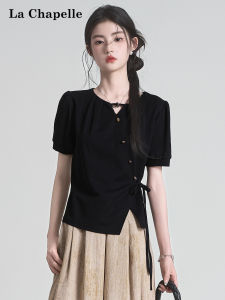La Chapelle | Design Beads Tie Black T-Shirt Irregular Puff Sleeves