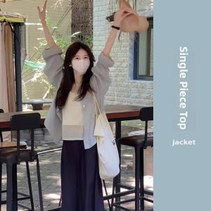 YUEZHONGWEI | Blue Short Lightweight Summer Womens Sun Protection Shirt Thin Outerwear Cardigan Transparent Top Korean Style Loose Fit