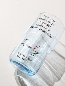 Original Blue French Letter Glass Cup Coffee Milk Beer Cup Creative Design round Shape Drinkware from Mainland China Ins Style