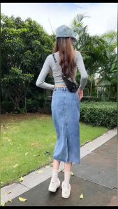 New denim skirt for women in summer with back split skirt design high waist and slimming A-line midi