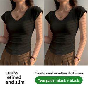 Miiow | Pure Cotton Short Sleeve Womens T-shirt V-neck Drawstring Loose Slimming Shoulder Summer New Style Grey MiiOW Cat Person