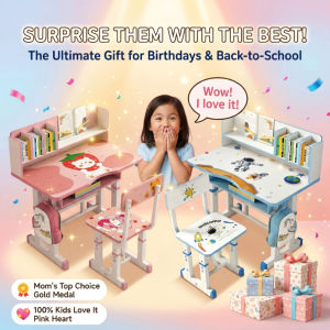 Global Study Table For Kids Hight Adjustable Table and Chair Learning Desk Set for 3-15 Years with Bookshelf