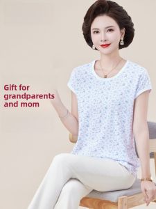 Hua You Yuan Spring New Pure Cotton Short Sleeve T-Shirt Womens Print Base Shirt Grandmother Nightgown Moms Top Middle-Aged And Elderly