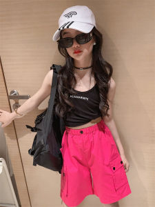 Girls Summer Thin High Waist Wide Leg Casual Cool Street American Sport Five-Point Pants Cotton Solid Color Korean Style
