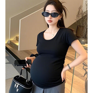 Áo Thun Tay Ngắn Thời Trang Mùa Hè Cho Phụ Nữ Mang Thai Dáng Ôm Cổ Chữ U Ngắn Áo Lót Cơ Bản Chất Liệu Cotton Thường Ngày