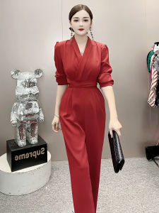 Elegant Red Wide Leg Jumpsuit Womens Loose Fit Long Sleeve High Waist Sensation Slimming Long Pants Comfortable Workwear