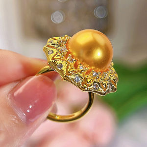 Sequito phong cách quý tộc trang sức nữ Micro Pave aaaaa đá Cubic Zirconia mạ vàng Champagne ngọc trai lớn nhẫn có thể điều chỉnh sr145