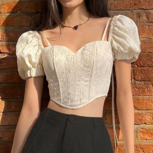 【MagicLady】 Summer Crop Tops for Women 2023 French Style T-shirt Sweetheart Neck Puff Short Sleeve Pullover Shirt