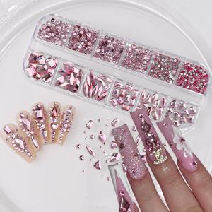 12Grids 3D Pink Nail Art Rhinestones Flatback Glass Gems Stones Nail Art Decorations Luxurious Diamond DIY Manicure Accessories