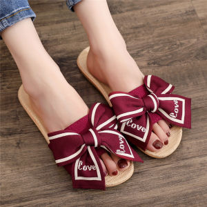 Elegant Butterfly Knot Linen Slippers Womens Anti-Slip Basin Bottom Outdoor Wearable Home Indoor Comfortable Cotton Slippers