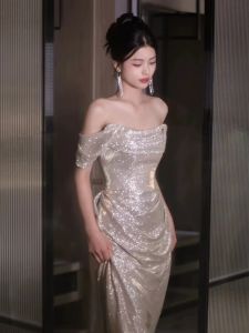 Elegant One-Shoulder Long Evening Gown Sparkling Sequins Wedding Morning Robe Hostess Womens Fashion Short Sleeve A-Line Skirt