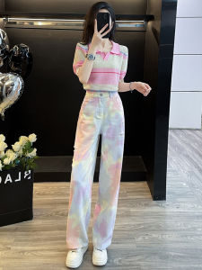 ทันสมัย ถัก ลำลอง สวม ผู้หญิง ฤดูร้อน ระบายอากาศได้ดี ผ้าฝ้าย แขนสั้น เสื้อท่อนบน ขากว้าง กางเกงยีนส์ ชุดสองชิ้นใส่สบาย