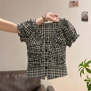 V.C.I | Design Check V-Neck Bubble Sleeve Cinched Waist Blouse