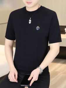 HENGYUANXIANG | Hengyuanxiang Mens Slim Fit Short Sleeve Knitted T-Shirt Ice Silk Thin Fashionable Summer Business Black Base Layer Top