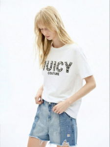 Juicy Couture | Heavily Embellished White Printed Round Neck Short Sleeve Tshirt
