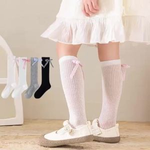 Kids Long Tube Socks for Girls Spring Summer Thin Breathable Knee High Princess Sock Korean Plain Striped Bowknot Calf Stockings