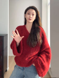 Christmas New Year Lazy Soft Red Knitted Cashmere Sweater Womens Style V-neck Korean Version Straight Cut Long Sleeve Woolen