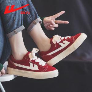 รองเท้าผ้าใบผู้หญิงสีแดง ทรงหุ้มข้อต่ำ สไตล์ลำลอง ดีไซน์บางพื้นหนา รองเท้าลำลอง สวมใส่สบาย สำหรับผู้หญิง