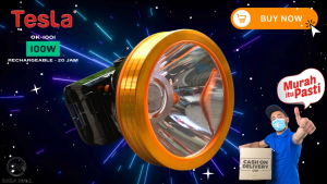 Senter Kepala 100 Watt OK-1001 Tesla Orenchi 100W LED Super Terang SOS Jarak 4500m Tahan 20 Jam Rechargeable Isi Ulang Recas Waterproof Tahan Air Hujan Camping Lisensi USA COD Bayara Di Tempat Graha Mart