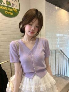 SHUQINGLAI | V-Neck Short Sleeve Silk Blend Knit Top Summer