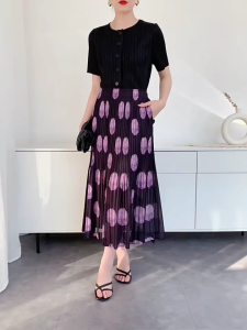 B-1052#  Slimming Elastic Waist Draped WomenS Summer Pleated Printed High Waist Skirt   One Size (45-75kg)