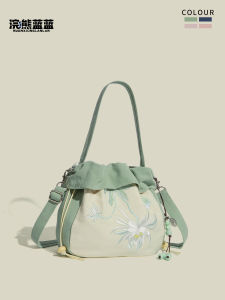 Artistic Chinese Embroidery Canvas Tote Bag Single Shoulder Slant Cross Handbag with Tassel by Bear Blue