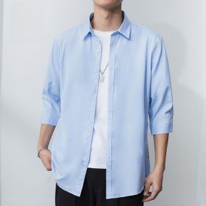 ROMON | Lormen Mens Short Sleeve Casual Shirt Thin Loose Iron-Free Summer Business Gentleman Style Polyester And Spandex Blend