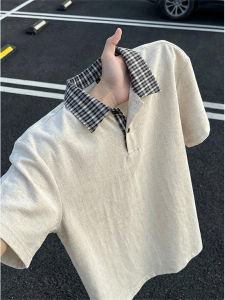 Plaid Splicing Tencel Linen Feel Short Sleeve Polo Shirt