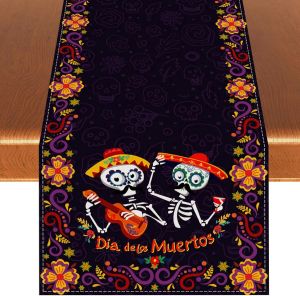 Skull Print Linen Table Runner Stain-Resistant & Durable Universal Table Runner for Daily & Holiday Dining