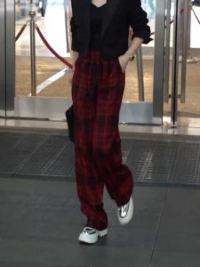 High Waist Plaid Straight Leg Floor Length Casual Pants Womens plus Size Trousers Trendy Wide Leg Draping Loose Fit