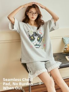 MiiOW | Pure Cotton Summer Sleepwear Set For Women With Chest Pad Cute Cartoon Home Clothes Short Sleeve Short Pants Two Piece Set