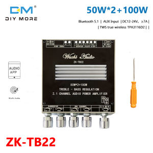 Diymore 50WX2 ZK-TB22 + 100W 5.1 Bluetooth Digital Power Amplifier Board โมดูล 2.1 ช่อง TWS True Wireless TPA3116 ซับวูฟเฟอร์ โทนเสียงสูงและต่ำบอร์ด ดิสินครีม 12-24V DC ราคาพิเศษ