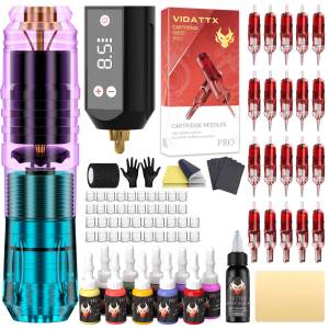 Troytatu bút Tattoo Kit-Máy xăm không dây với 20 cái kim xăm hộp mực và 1500mAh cung cấp điện phụ kiện xăm hình cho nghệ sĩ